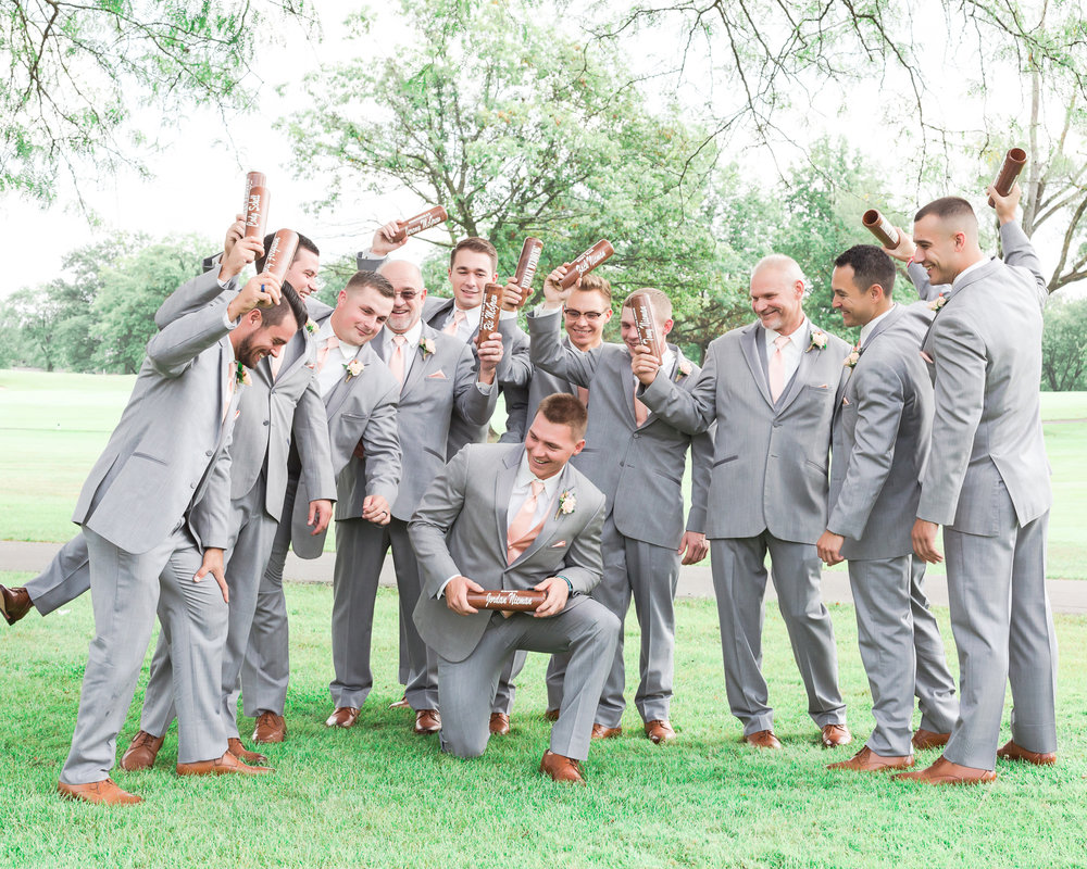 SSP fall wedding|groom and groomsmen| peach and gray wedding|lumberlend co. bat mug