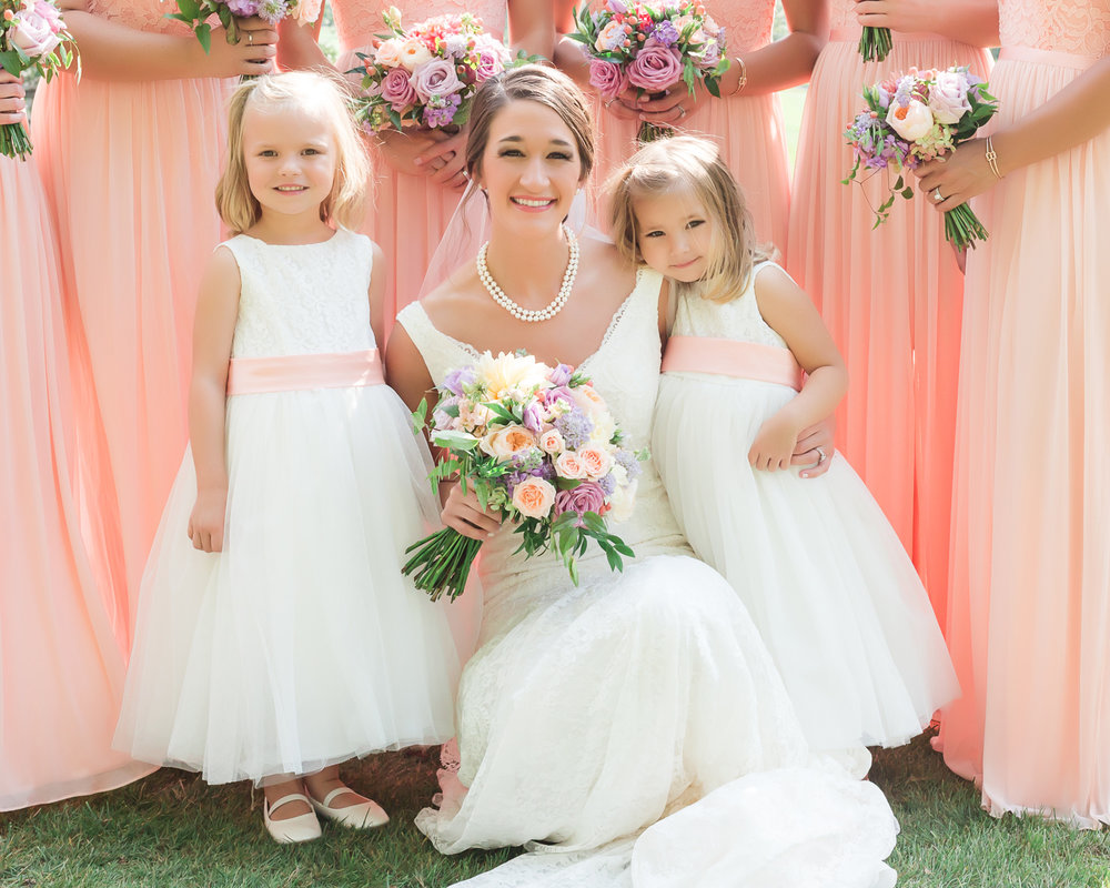 SSP fall wedding| bride with flower girls| peach and gray wedding