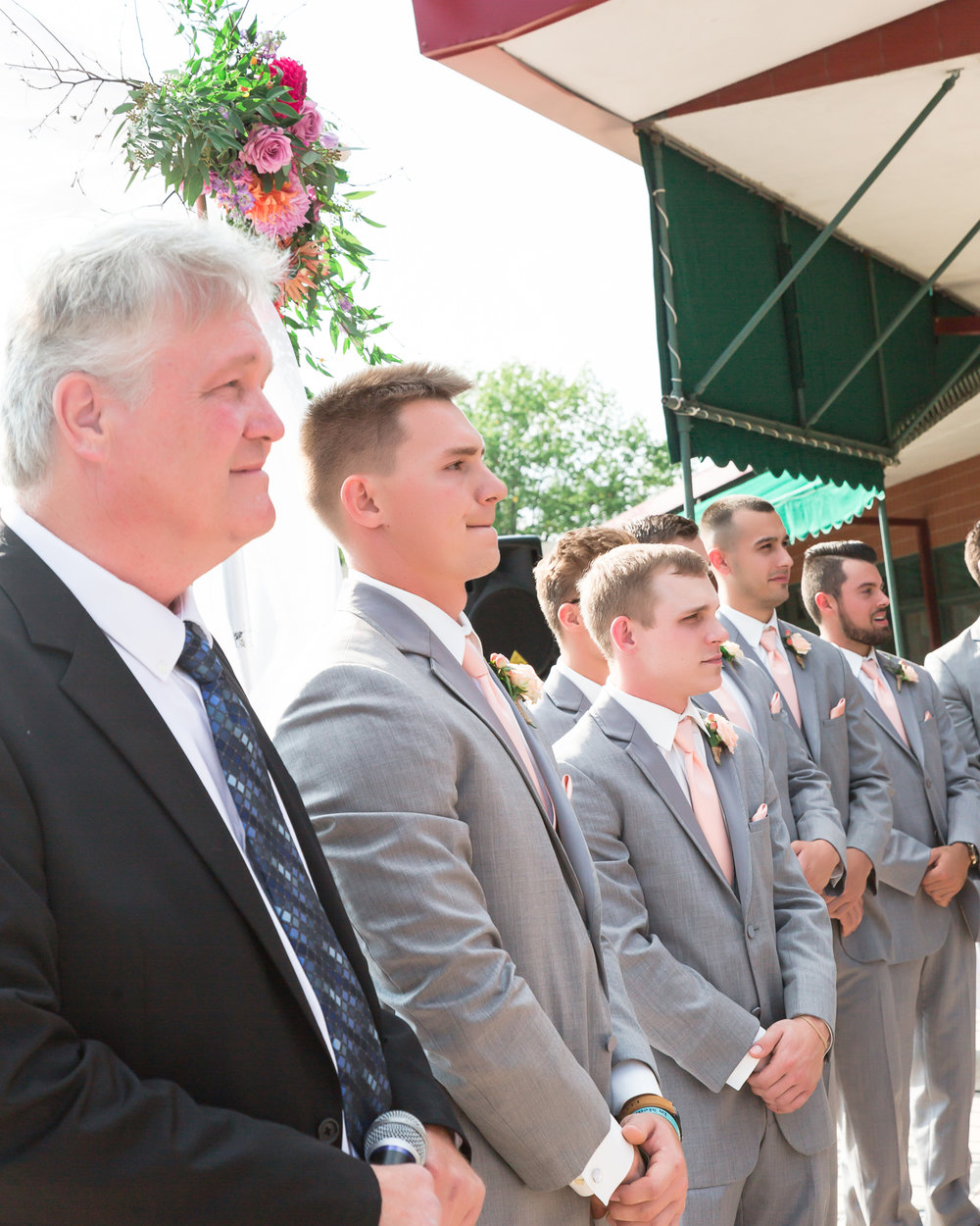 SSP fall wedding| ceremony| groom and groomsmen| peach and gray wedding
