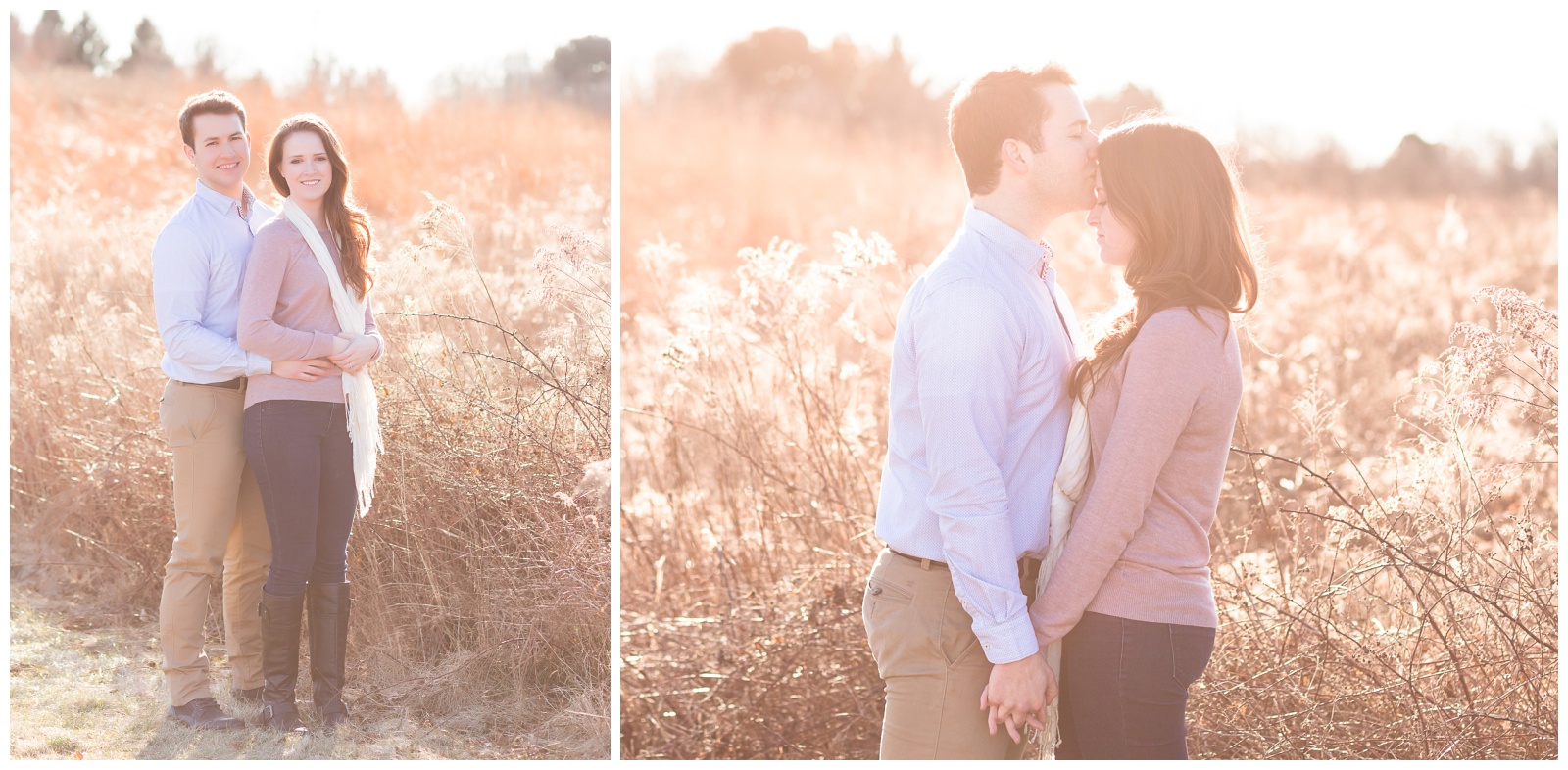 Couple standing in front of field of tall grass\forehead kiss