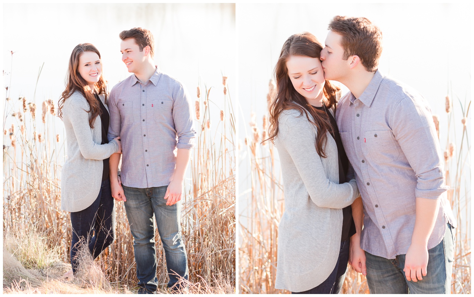 Winter engagement shoot| nature setting| couple wearing gray