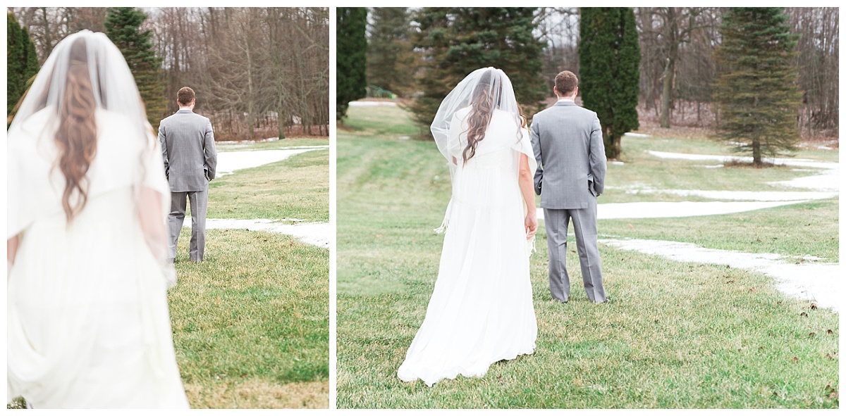 bride and groom sharing first look, in winter grassy area