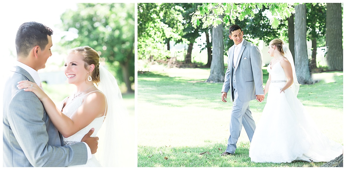 Bride and groom romantic portraits embraced and walking 