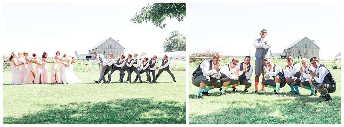 bridal party pulling bride and groom apart | groom and groomsmen posing for album cover