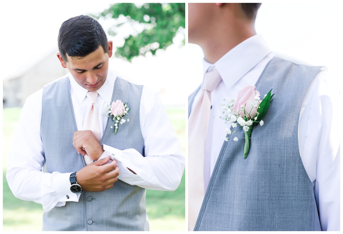groom in gray tux pants and vest fastening cuff links on his wedding day | close-up of grooms pink boutonniere and tie