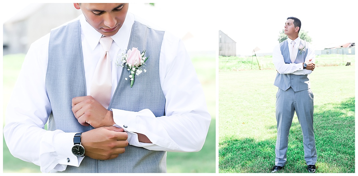 groom in gray tux pants and vest fastening cuff links on his wedding day | full length portrait of groom 