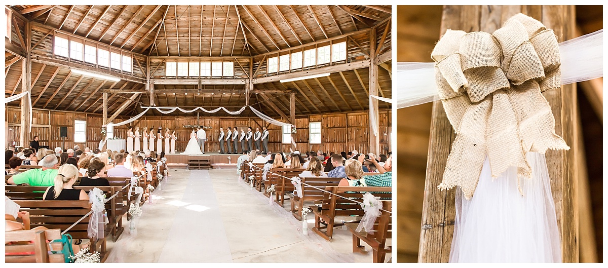 wedding ceremony full bridal party in view showcasing high wooden ceiling of The Tabernacle Monroe, IN | Burlap bow decoration