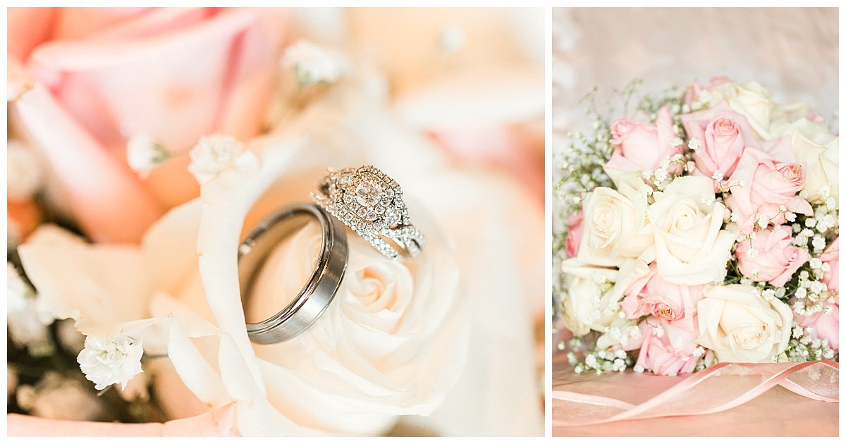 close-up of wedding rings on bridal bouquet | close-up of pink and white rose bridal bouquet and pink ribbon| 