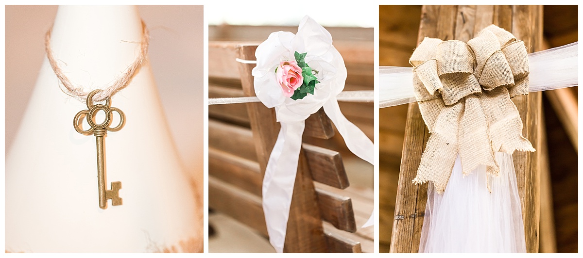 detail close-ups cream painted bottle with key | pew decoration pink rose with white bow | burlap bow with white tulle