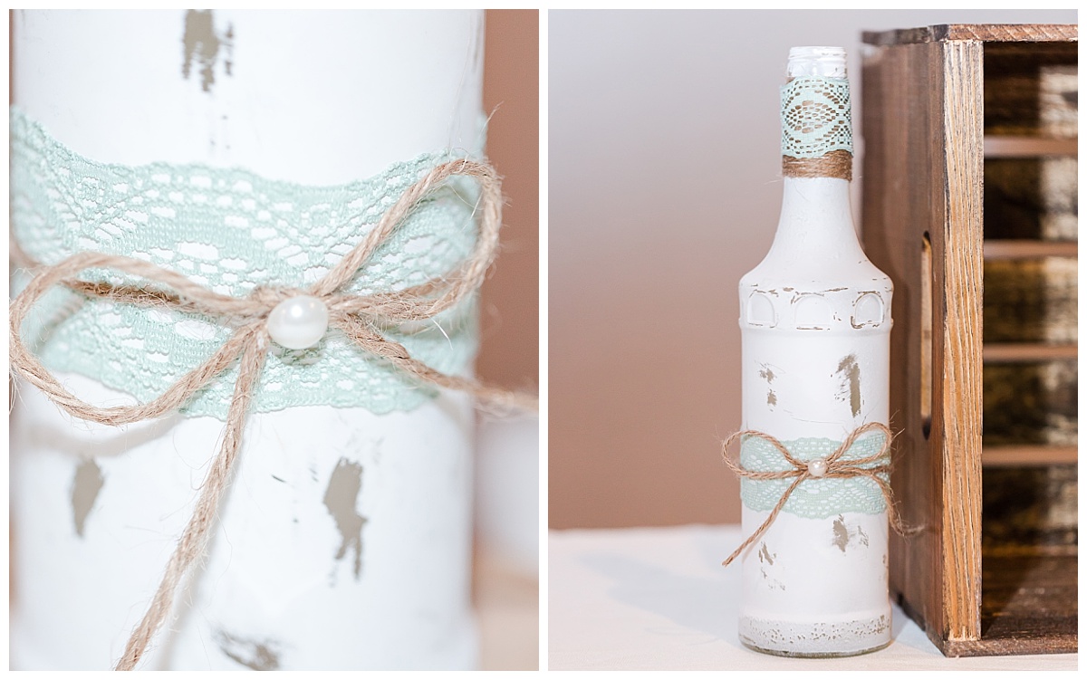 reception detail white painted bottle with pale green lace and jute bow