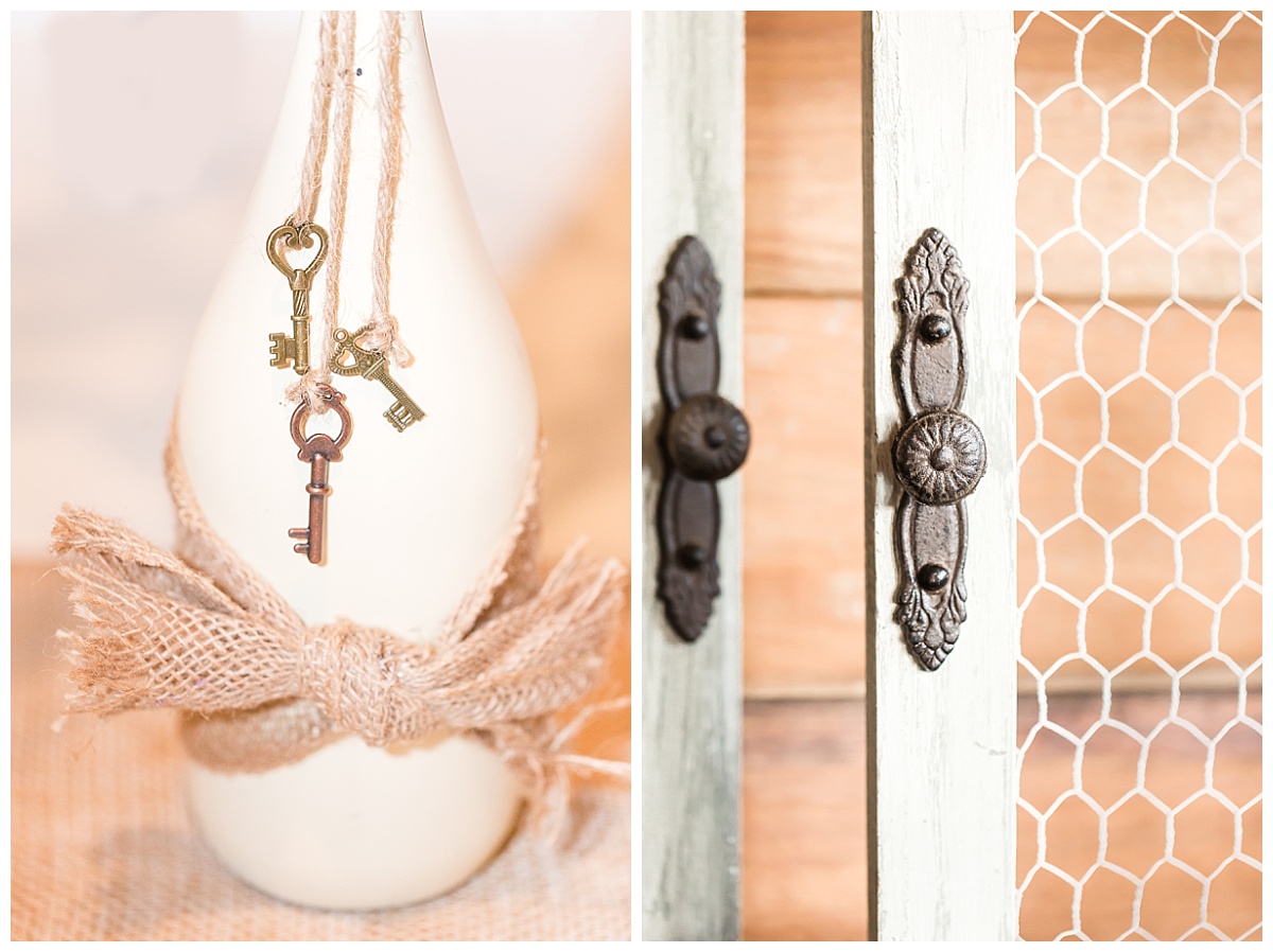 reception detail cream painted bottle with keys | close-up of vintage door handle