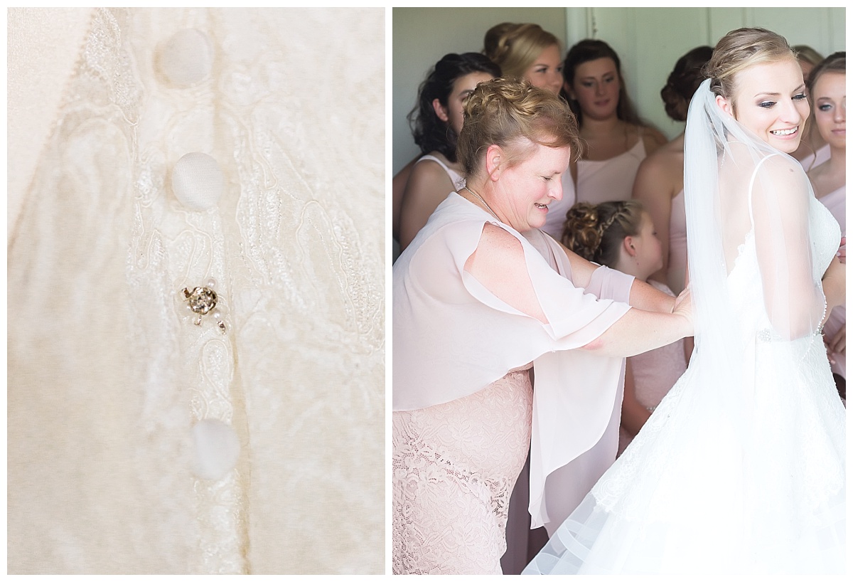 button detail of bridal gown | mother of the bride helping bride into wedding dress