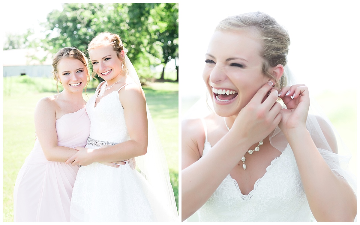 bride and bridesmaid | bride putting on earrings laughing