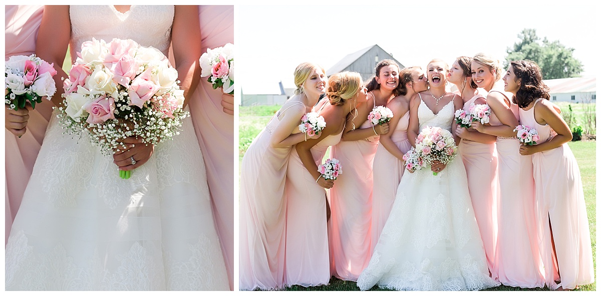 pink and white bridal bouquet | bridesmaids in pink dresses laughing and smiling with bride