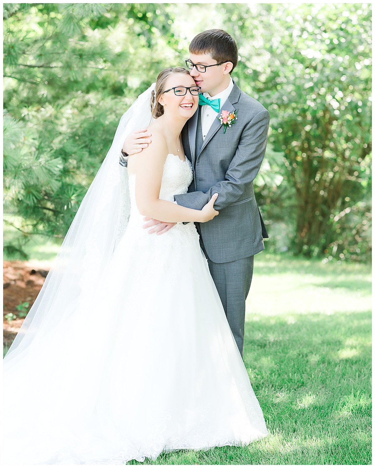  bride and groom| teal and coral wedding with gray tux
