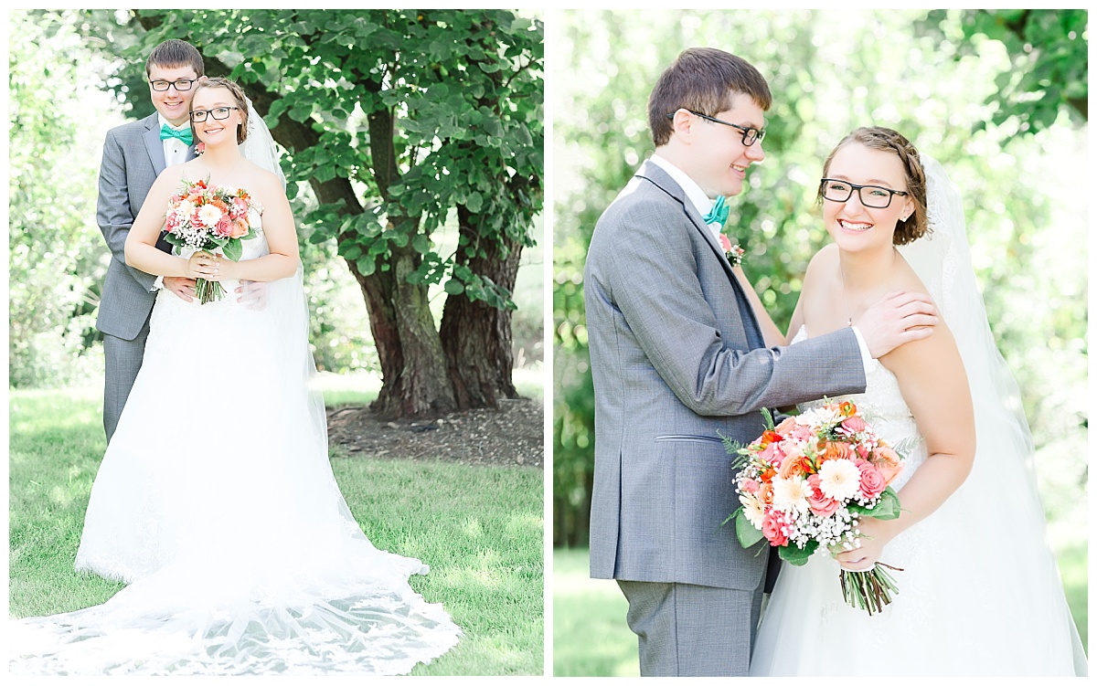 bride and groom| teal and coral wedding with gray tux