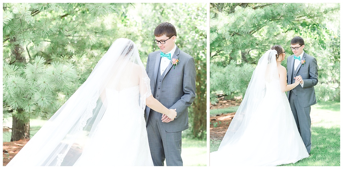 first look | bride and groom| teal and coral wedding with gray tux