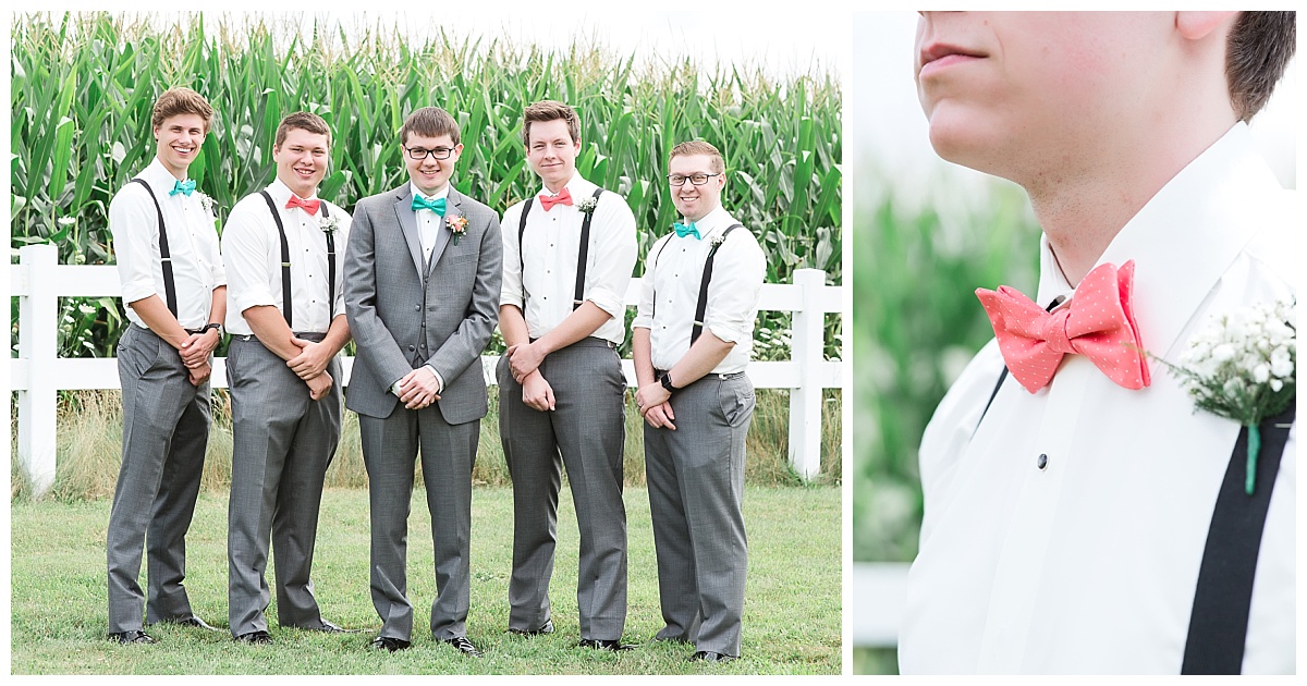 groom gray tux and teal bow tie| groomsmen white shirts and black suspenders with teal and coral bow ties