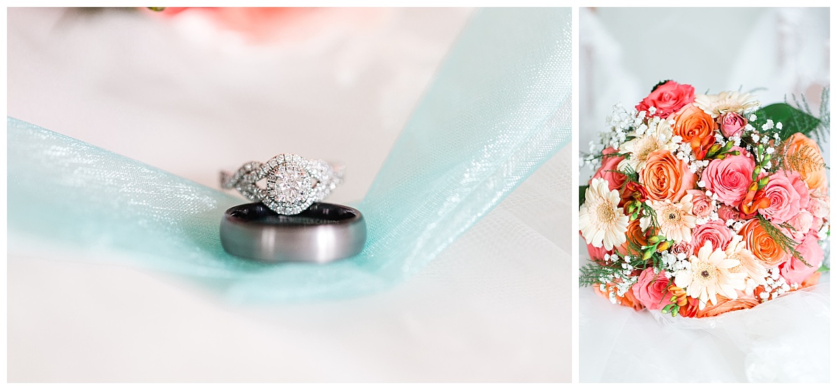 wedding rings on teal ribbon | bridal bouquet on veil