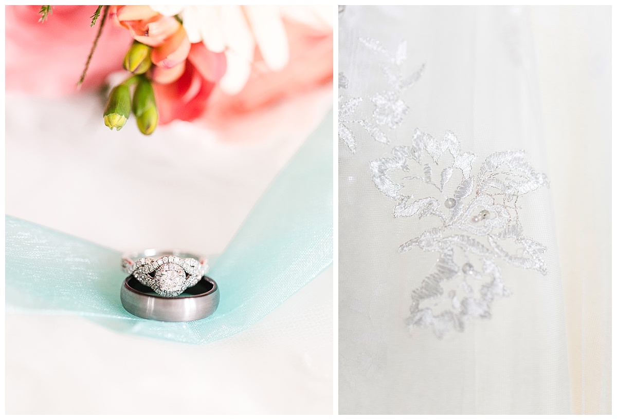 wedding rings on teal ribbon | wedding dress detail