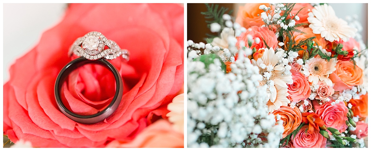 wedding rings | coral bridal bouquet| baby's breath