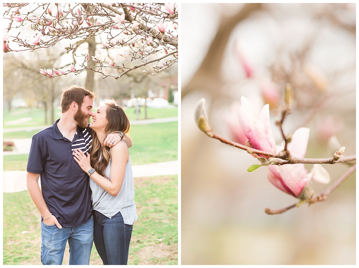 Couple standing together under tulip tree