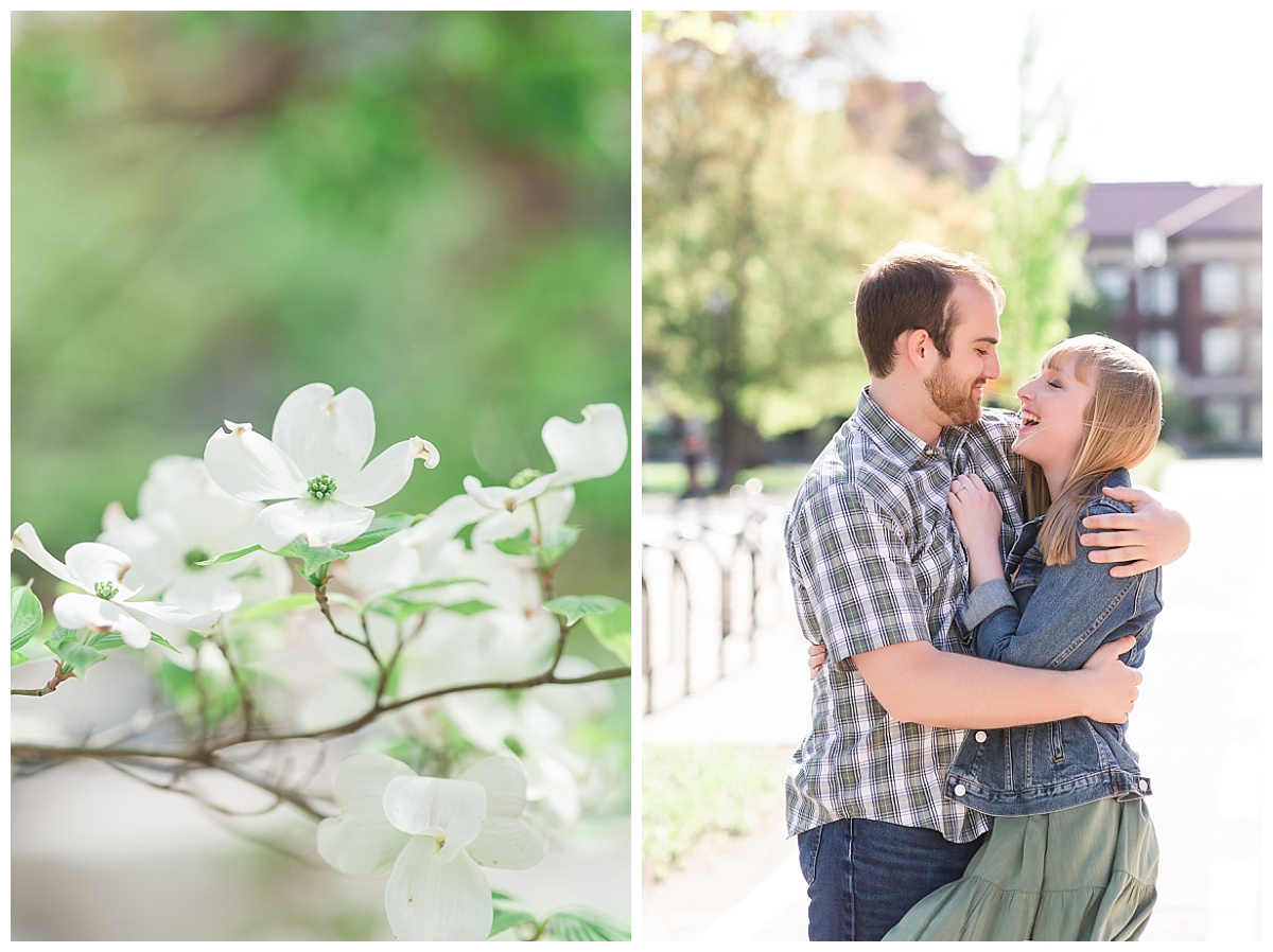 Couple hugging and Spring blooms on the mall of Purdue University