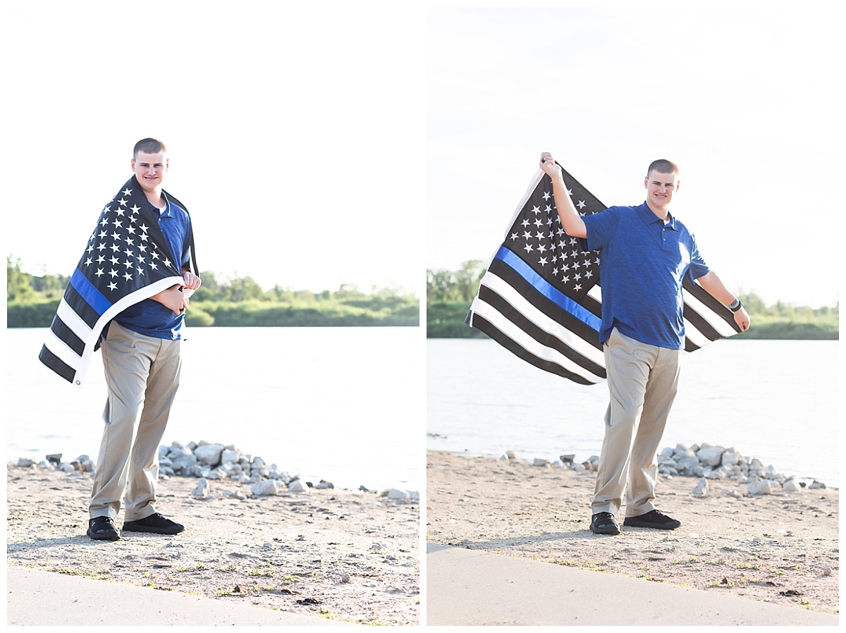 Senior guy with thin blue line flag photo by Simply Seeking Photography