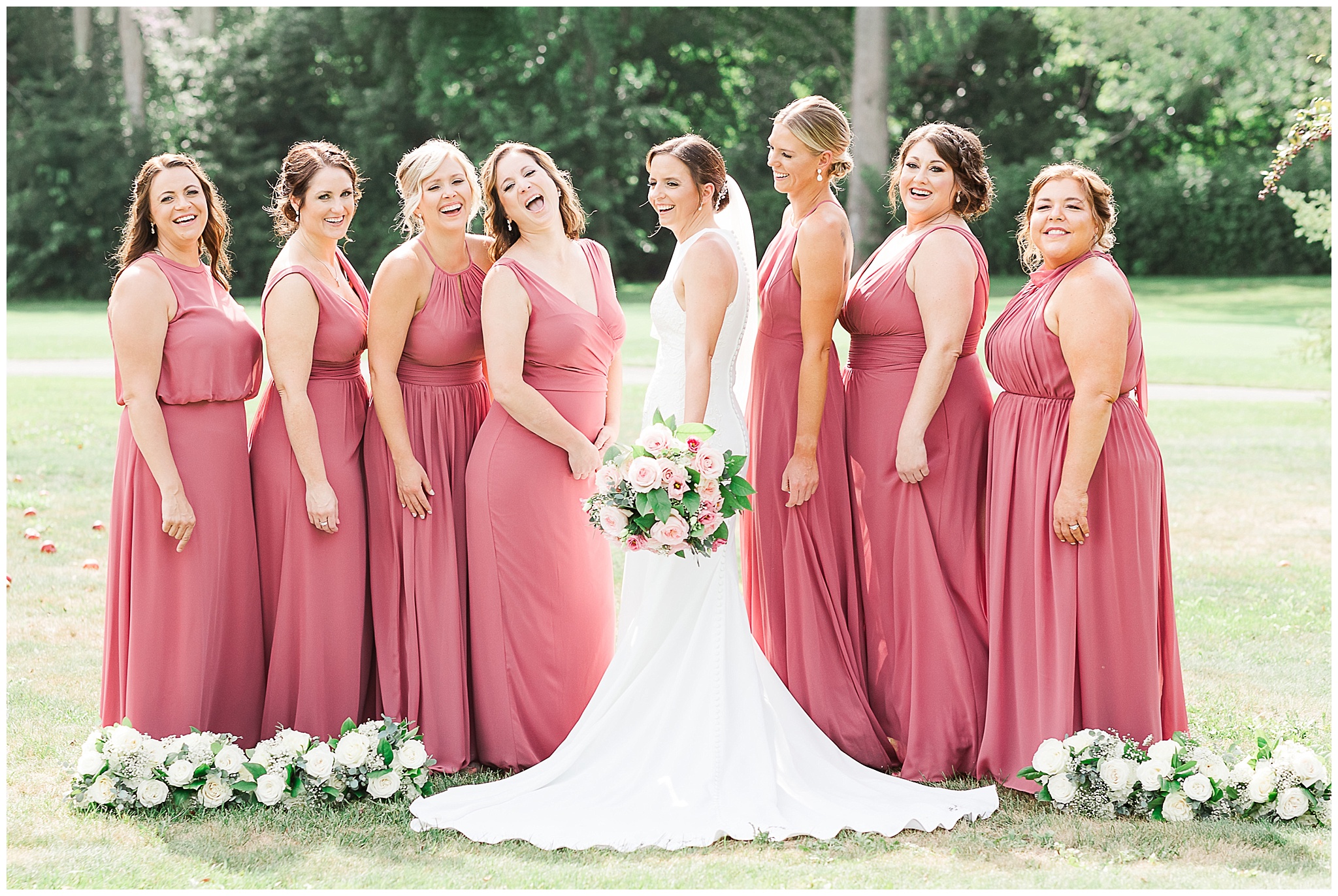 bride and bridesmaids in rosewood and charcoal Orchard Ridge Country Club summer wedding photos by Simply Seeking Photography_
