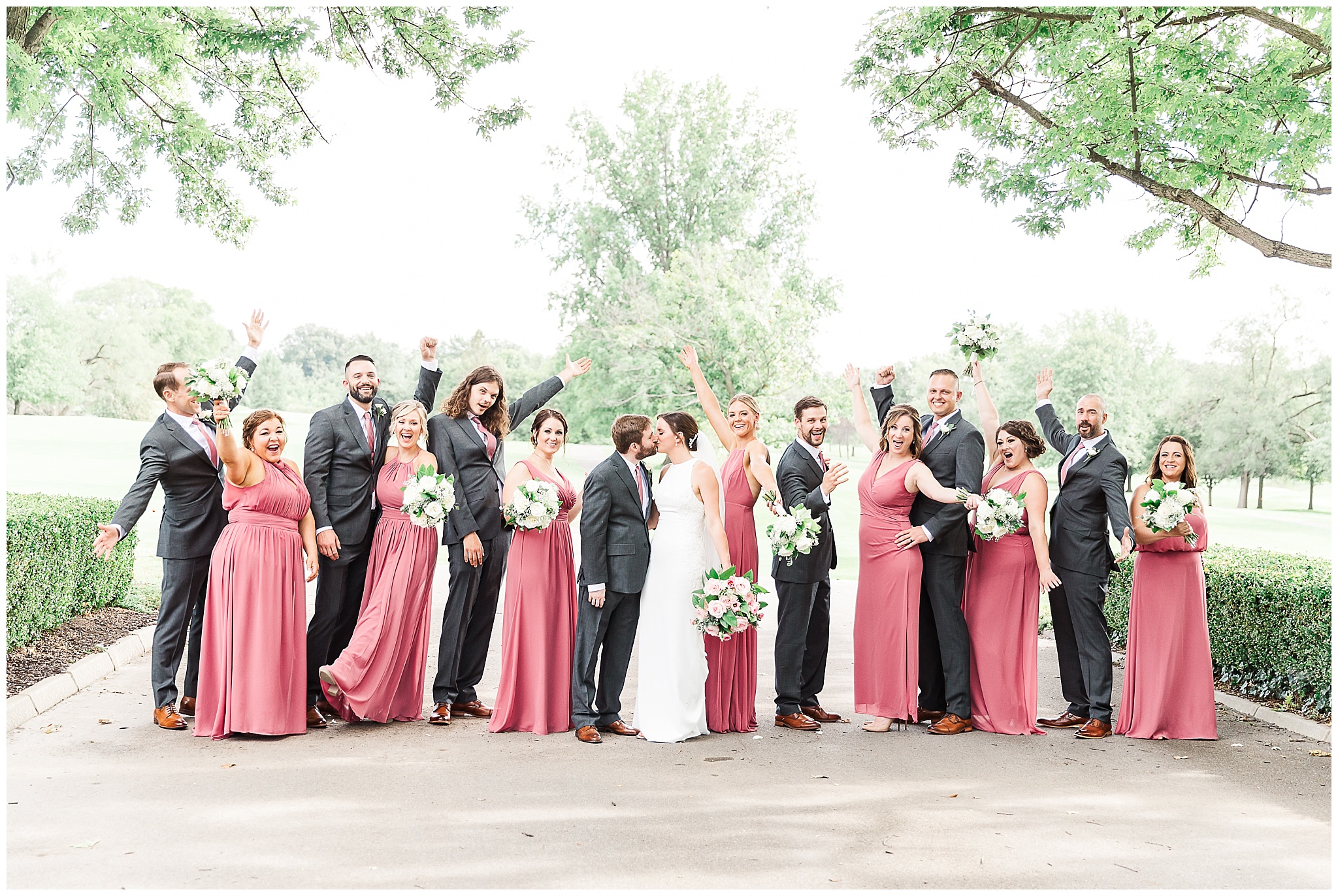 wedding party in rosewood and charcoal Orchard Ridge Country Club summer wedding photos by Simply Seeking Photography_